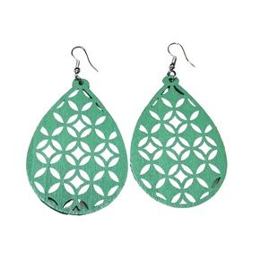 Boho Cutout Wood Teardrop Drop Style Green Earrings
